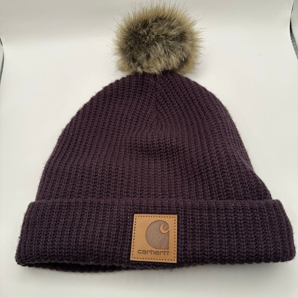 Carhartt Knit Beanie Hat Plum Faux Fur Pom Fleece Lined OSFA Cabincore Granola